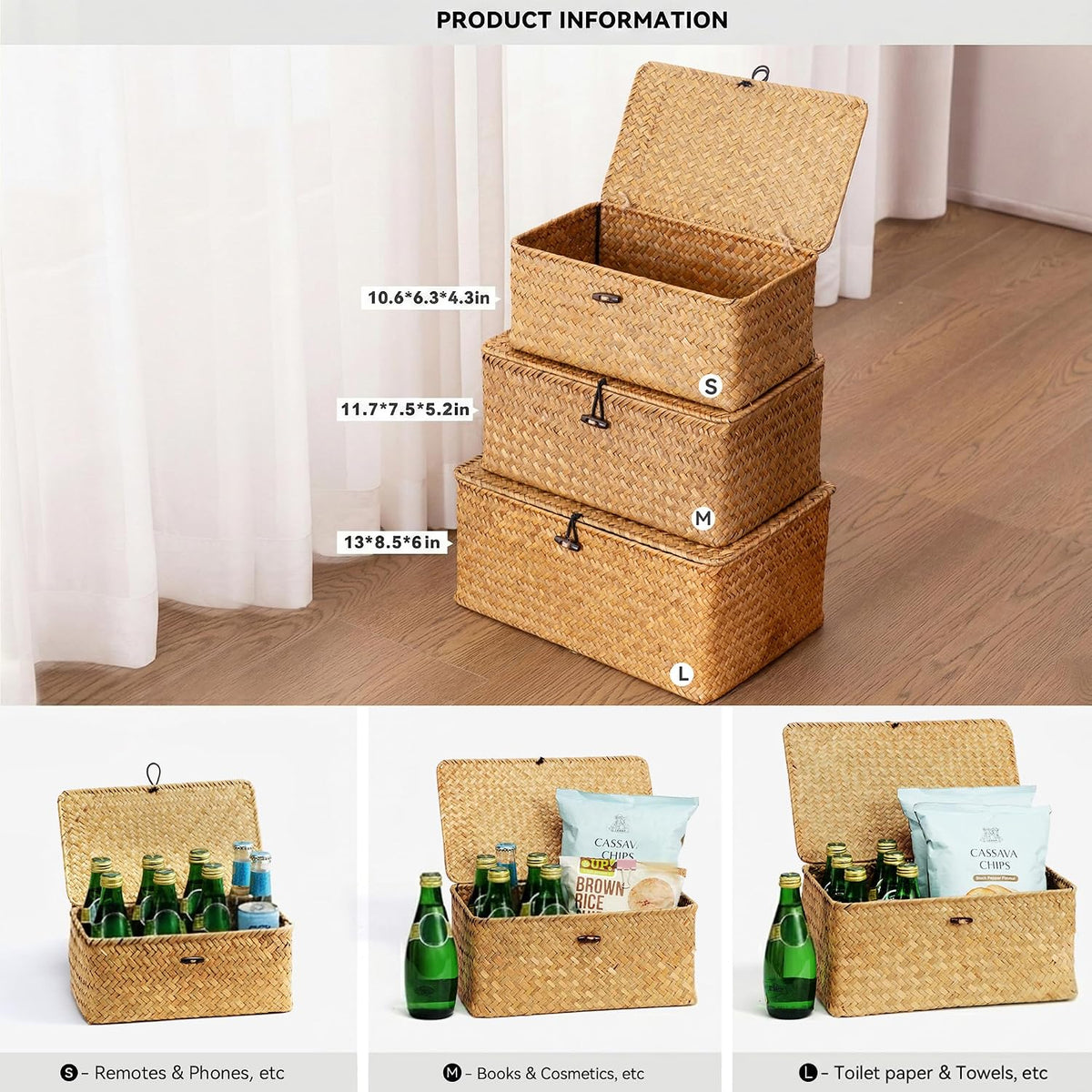 nonam wicker storage basket with lid,seagrass shelf basket shown in use
