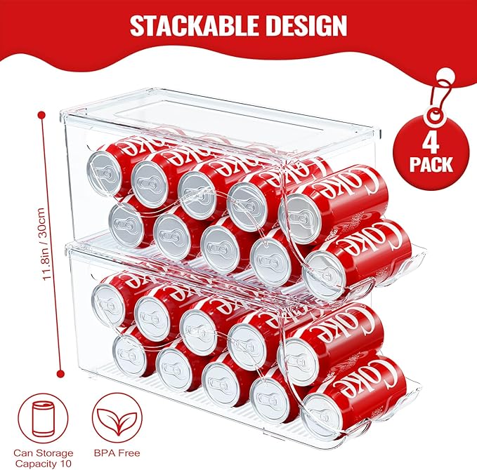 SCAVATA 4 Pack Stackable Refrigerator Organizer, Soda Can Dispenser Pop Cans