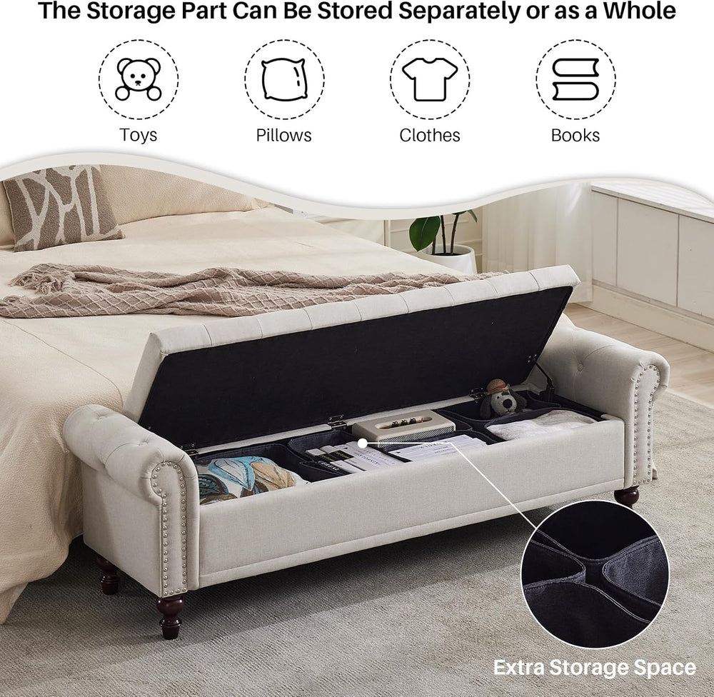 SOFTHION 67" Storage Bench for Bedroom, Linen Upholstered, Beige
