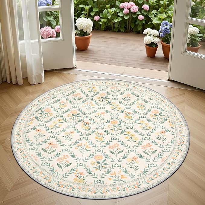 Round Area Rug for Living Room: 4 ft Floral Washable Circle Rug Soft Non-Slip - Image 2