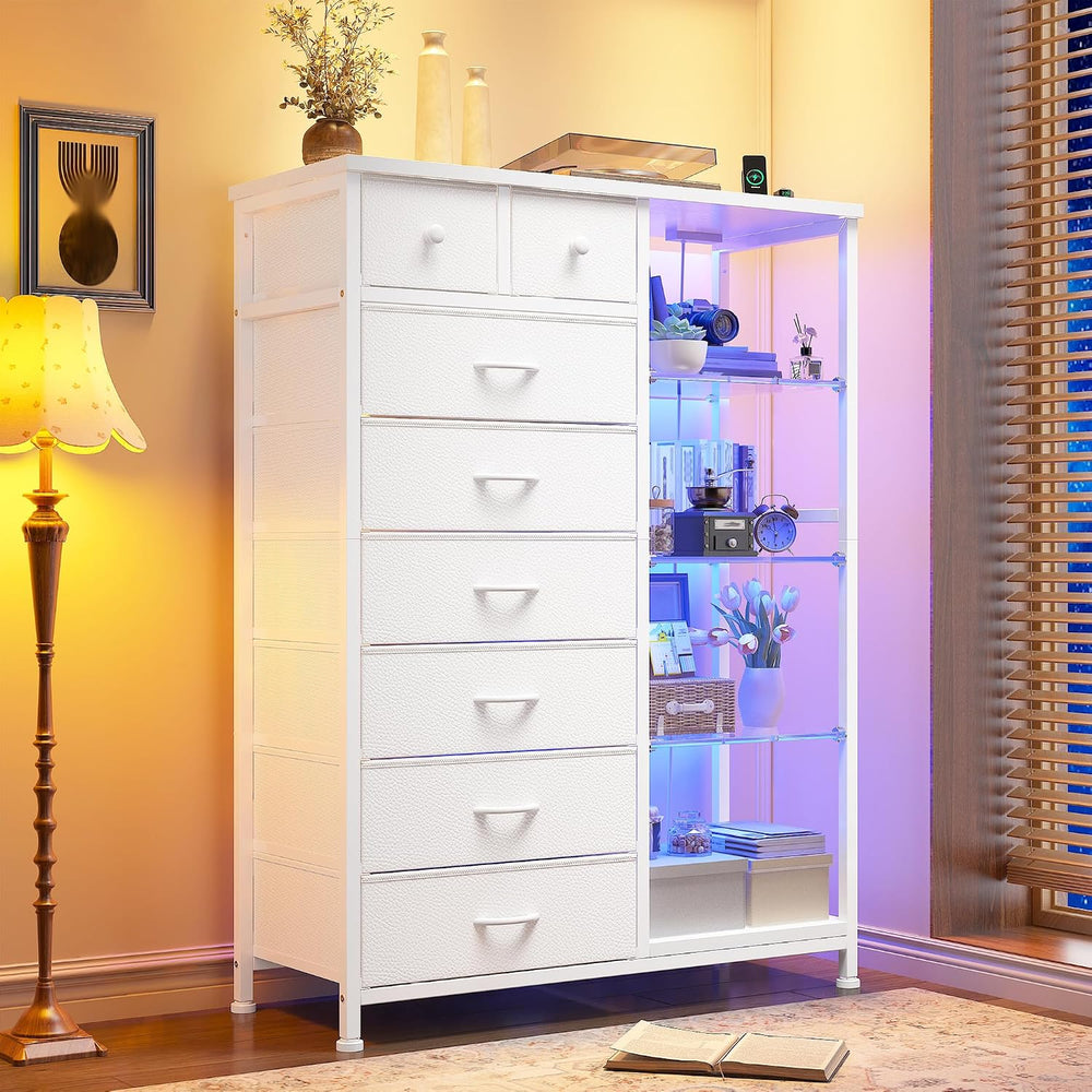 EnHomee White Dresser with LED Lights & Power Outlets, 8 Drawers, 54" H