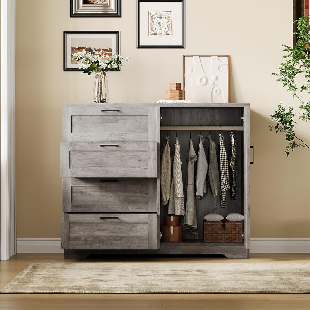 IDEALHOUSE 43.3'' H Armoire Wardrobe Closet with 4 Drawers, Wooden Dr...