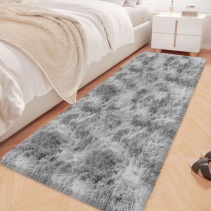 Super Soft Fluffy Living Room Area Rug 2x6 ft Tie-Dyed Light Grey Shaggy Furry by JiaoBaba
