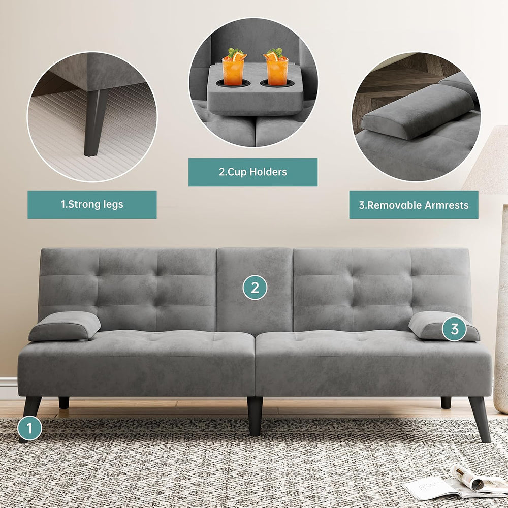 64" Futon Sofa Bed, Small Couch with 2 Cup Holders, Grey