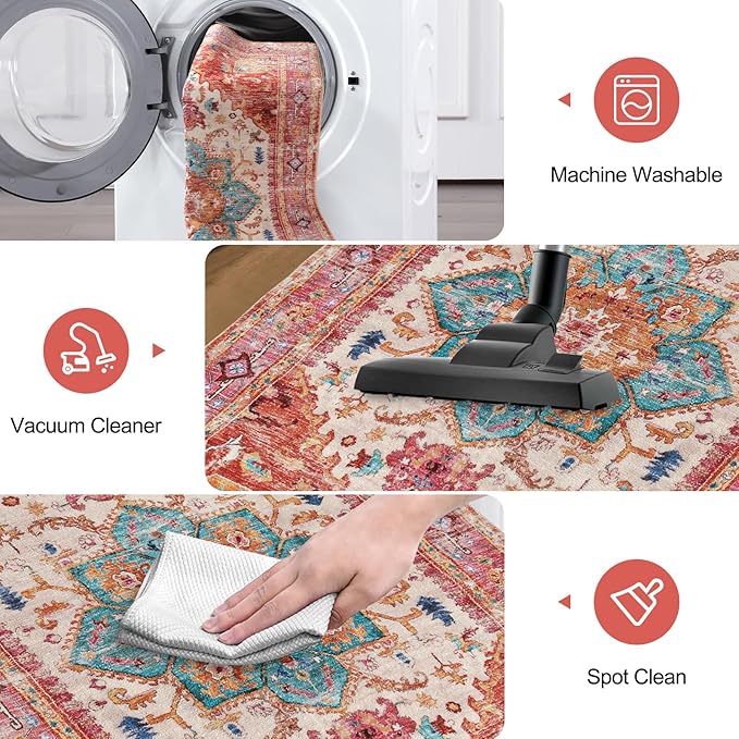 Yamaziot Washable Area Rug, 2x3 Small Entryway Rug Non-Slip Boho Vintage Rug - Image 5
