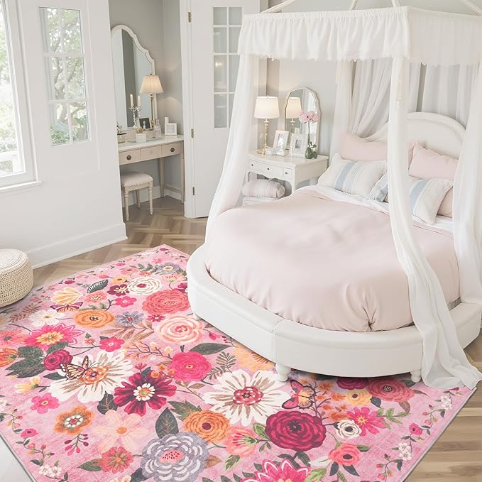 Pink Floral Girls Room Rug 4x6, Non-Slip Washable Rugs - Image 6