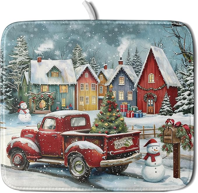 Christmas Dish Drying Mat for Kitchen Counter 18x16 Inch Xmas Red Truck Drying by Trongr