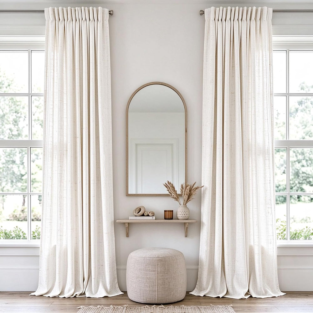 Natural Semi Sheer Linen Curtain 90 inch Length 2 Panels Set Back Tab Light F...