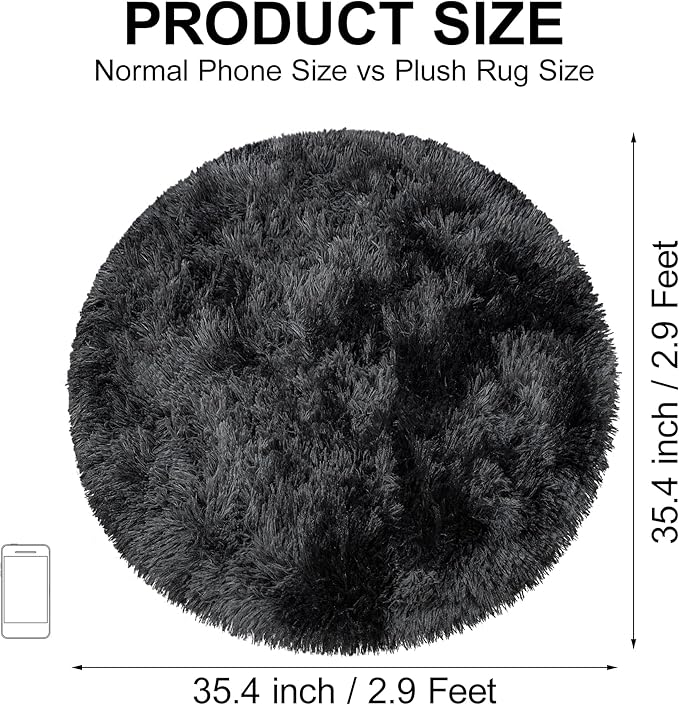 Tie Dye Black Round Rugs Small 3x3 ft Fluffy Circle Rug Furry Carpet Shaggy - Image 2