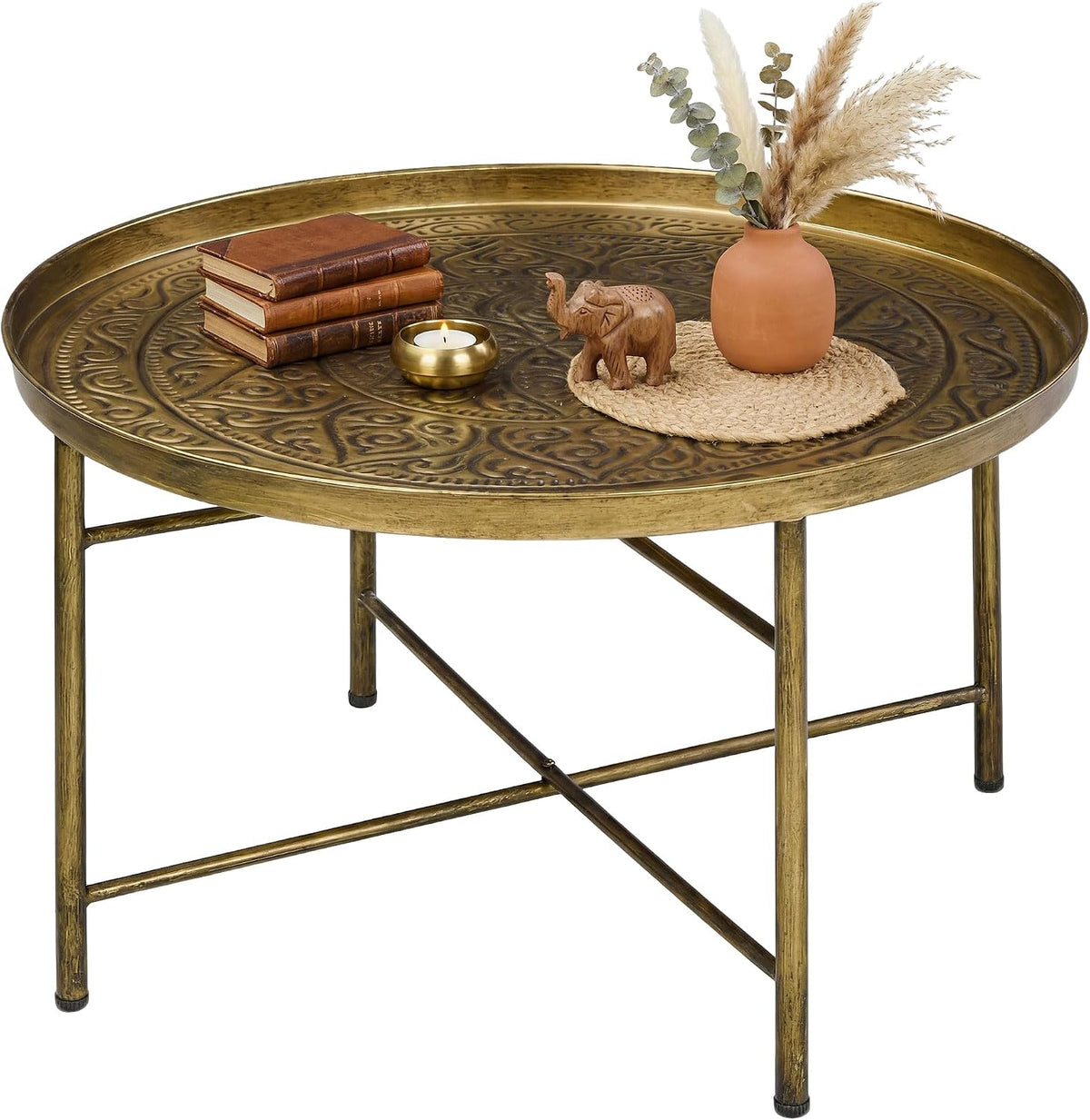 24-Inch Round Coffee Table with Hammered Tray Top and Metal Frame, Gold | Hammered Tray-Style Top and Metal Frame Create a Compact Center Table for Living Rooms and Bedrooms
