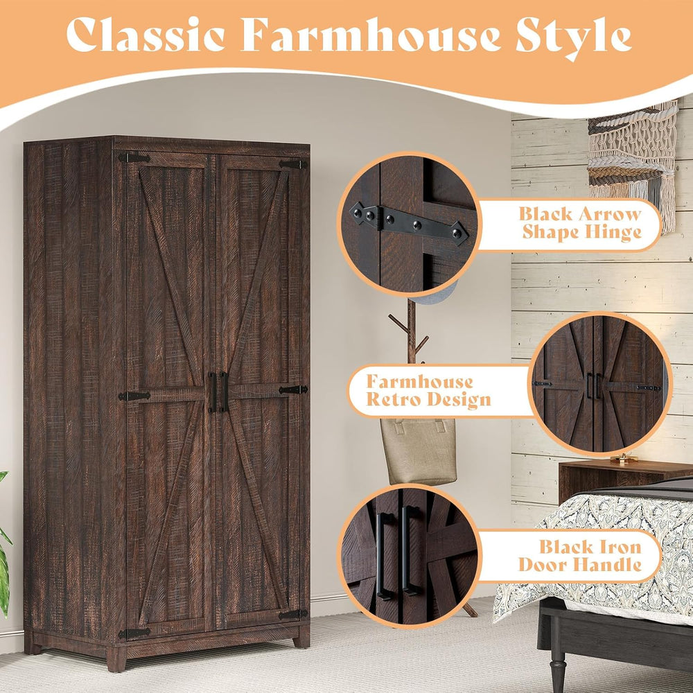 AMERLIFE 71" Farmhouse Wardrobe Closet with Hanging Rod & Barn Doors