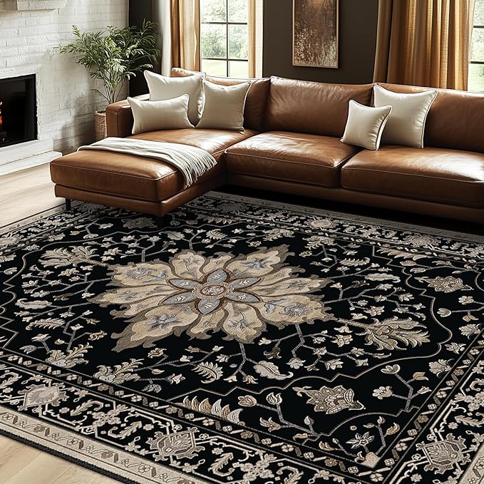 RELEANY Area Rugs 7'x10' Washable Non-Slip, Floral Vintage Distress Print by RELEANY