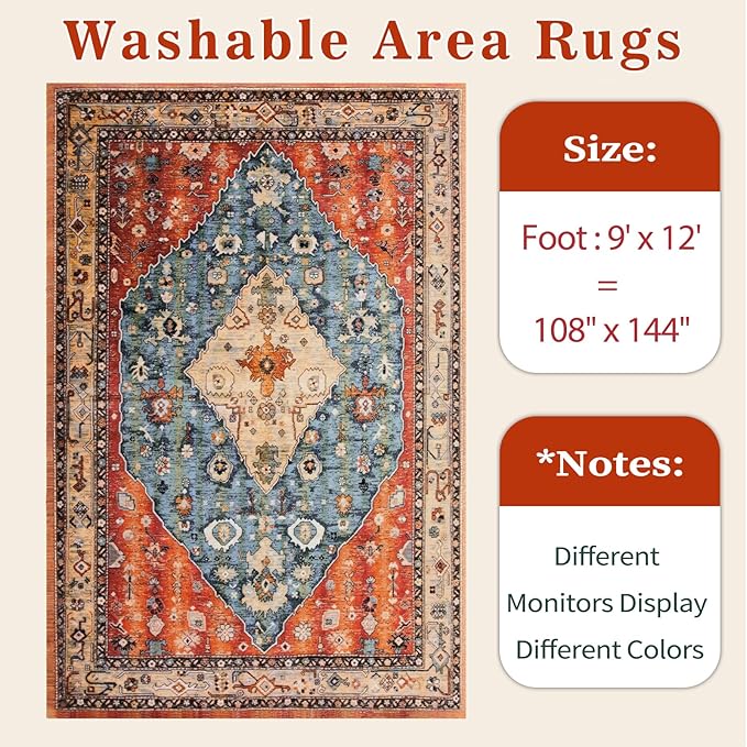 SERISSA Washable Rugs 9x12 Area Rugs, Large Non-Slip Boho Living Room Rug - Image 6