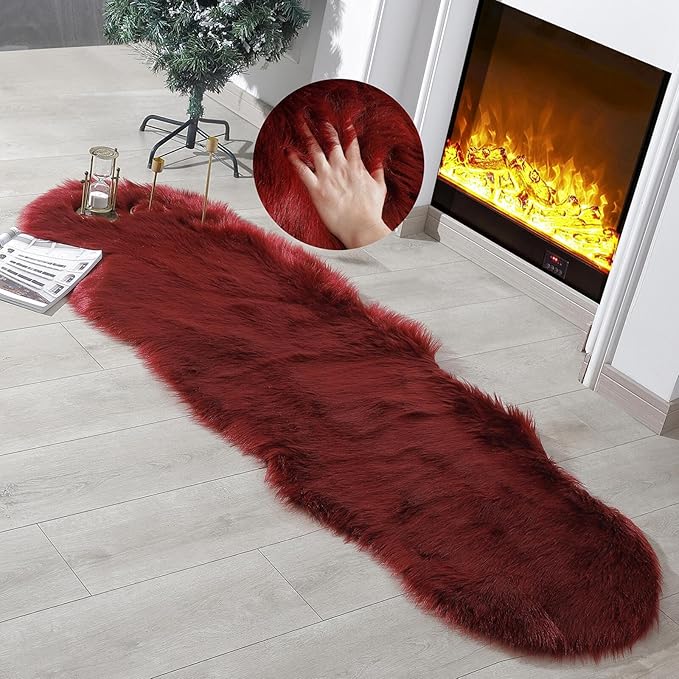 linmopm Faux Fur Rug Sheepskin Shag Fluffy Fuzzy Red 2x6 ft Runner Rugs - Image 2