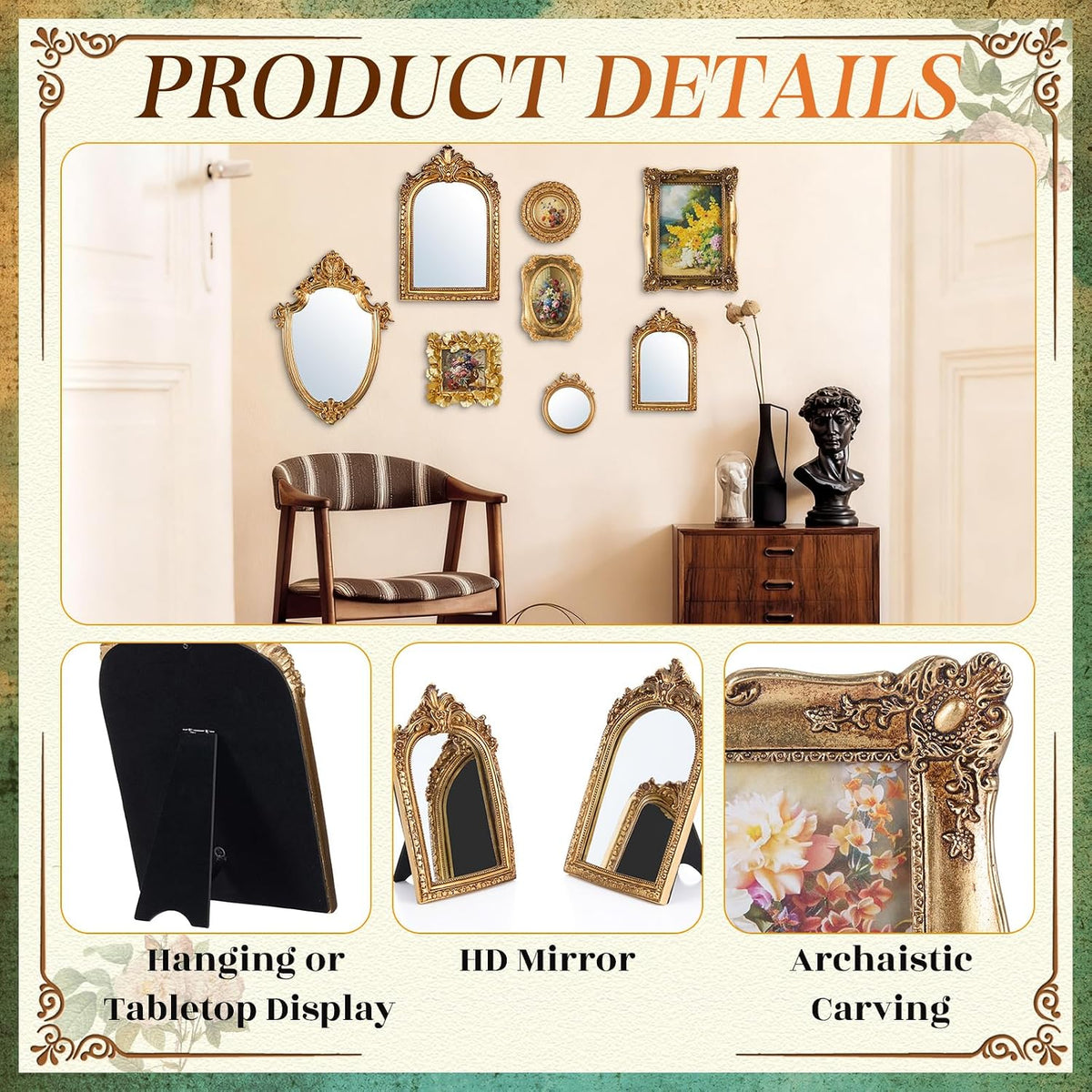 novabright 8 pcs vintage mirror and gold picture shown in use
