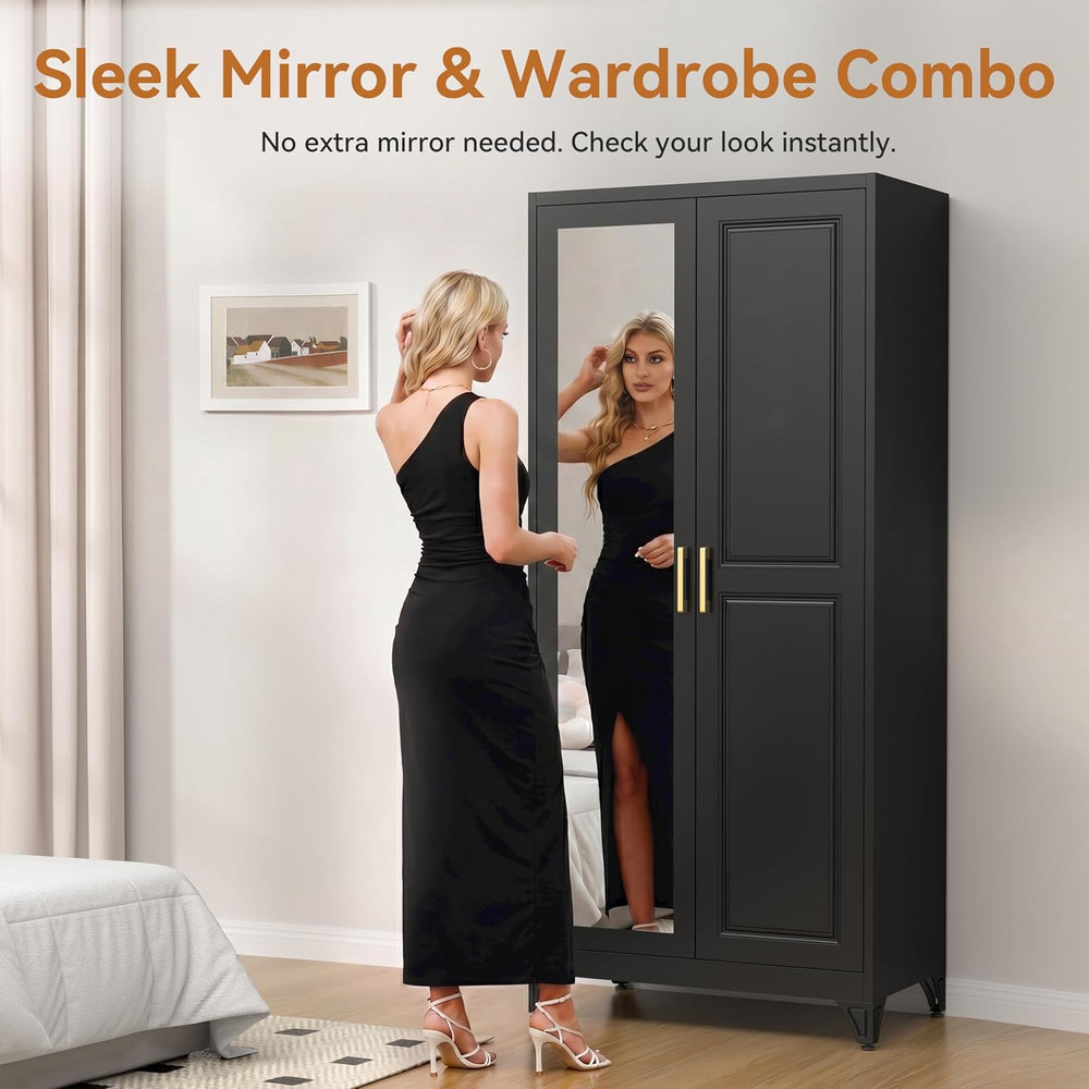 Metal Armoire Wardrobe Closet with Mirror, 71" Tall Black Cabinet