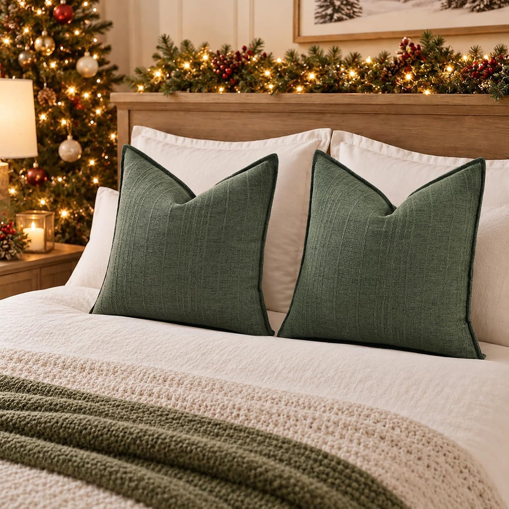 decorUhome Christmas Olive Green Linen Throw Pillow Covers 20x20 Set of 2