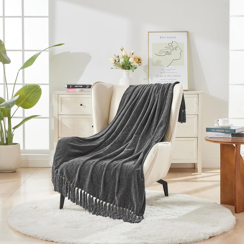 CozeCube Chenille Throw Blanket, Charcoal Grey Fringe Blanket, 50"X60"
