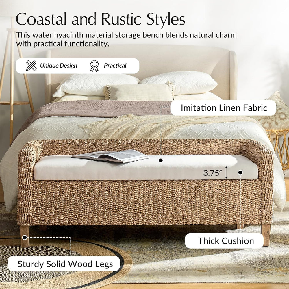 HULALA HOME 57" Rattan Storage Bench, Boho Wicker Bedroom Bench, Natural