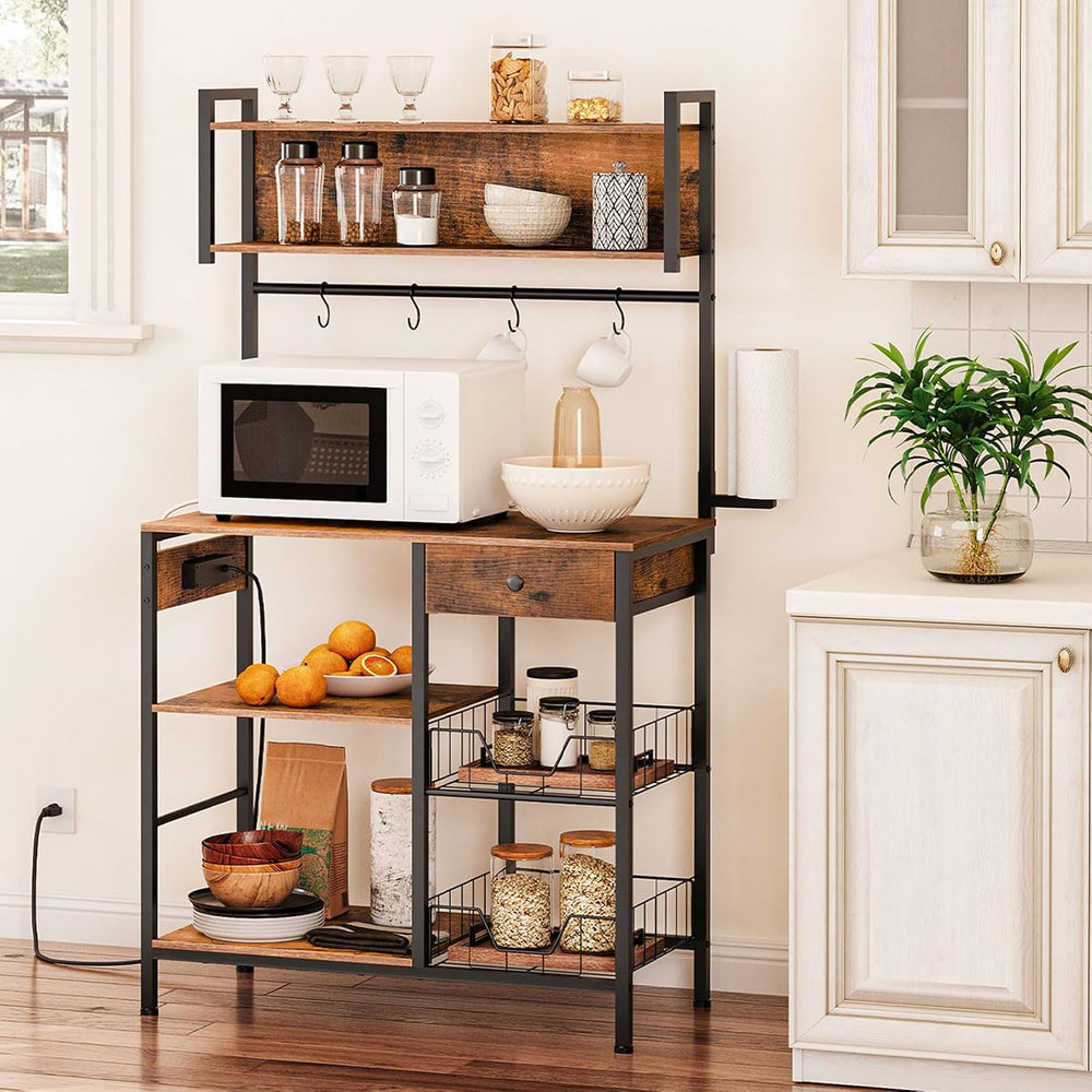 HOOBRO Bakers Rack with 4 AC Power Outlets, 5-Tier Coffee Bar with Wire Baske...