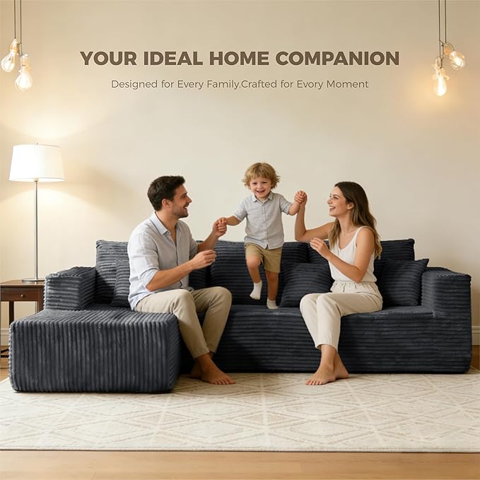 106" Black Corduroy Boneless Modular Sectional Sofa, Cloud-Louch Deep Se...