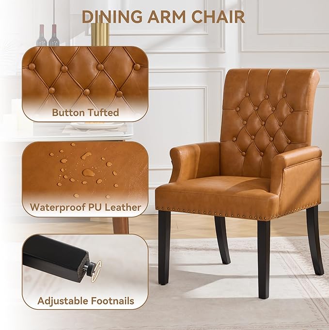 PU Leather Dining Chair with Arms, Upholstered Tufted High Back Dining Room C...