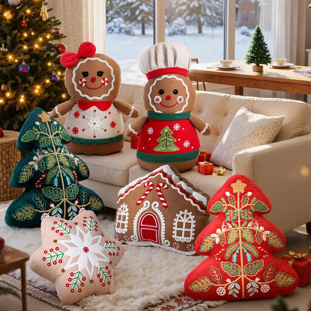Lanpn Christmas Throw Pillows Set of 5, Christmas Decoration Winter Throw Cushions Snowflake Gingerbread Man 3D Shaped Xmas Tree Pillow for Sofa Living Room Bedroom Xmas Decor