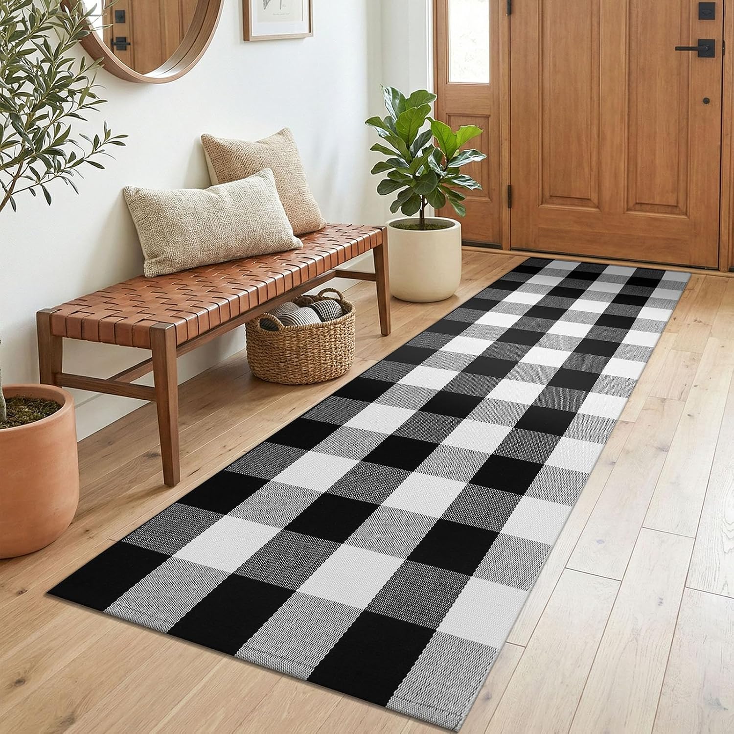 KOZYFLY Buffalo Plaid Rugs 2x6 Ft Runner Rug for Hallway, Black and White | Washable Kitchen Runner Rug, Woven Cotton Entryway Runner, Checkered Carpet Runners for Bedroom Living Room Farmhouse