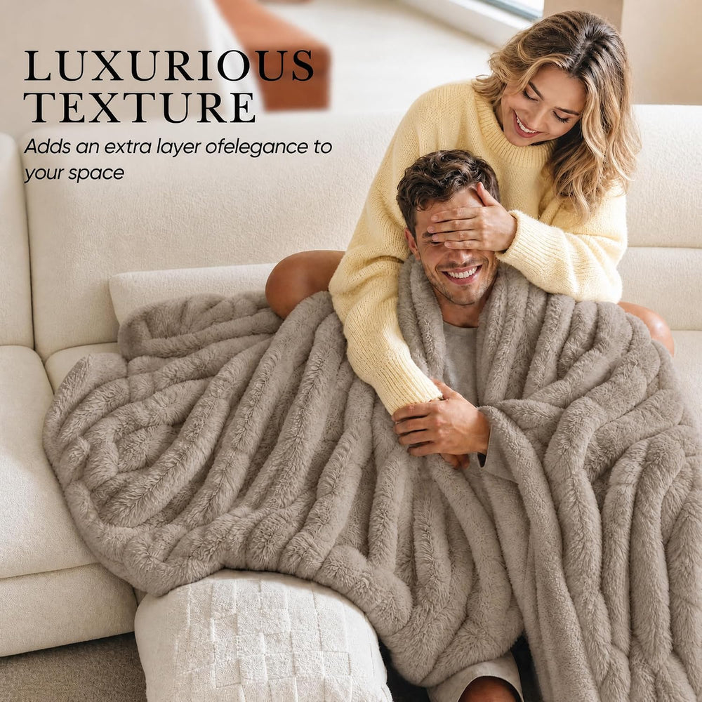 1000 GSM Double-Sided Faux Fur Throw Blanket, 50" x 60", Dune Brown...