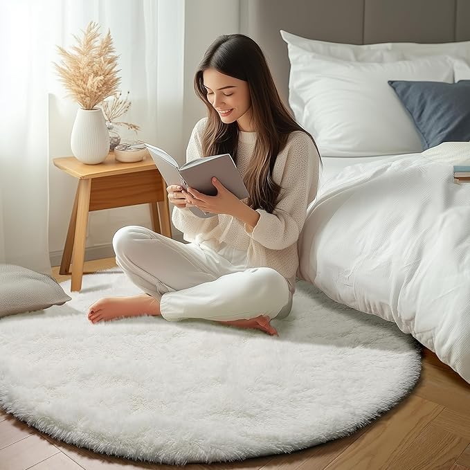 ONASAR Cream White Round Area Rug 4ft, Fluffy Ultra Soft Bedroom Circle Rugs - Image 5