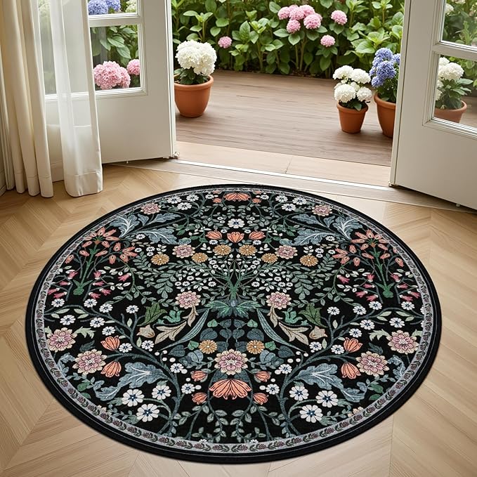 Round Area Rug for Living Room: 4 ft Floral Washable Circle Rug Soft Boho - Image 2