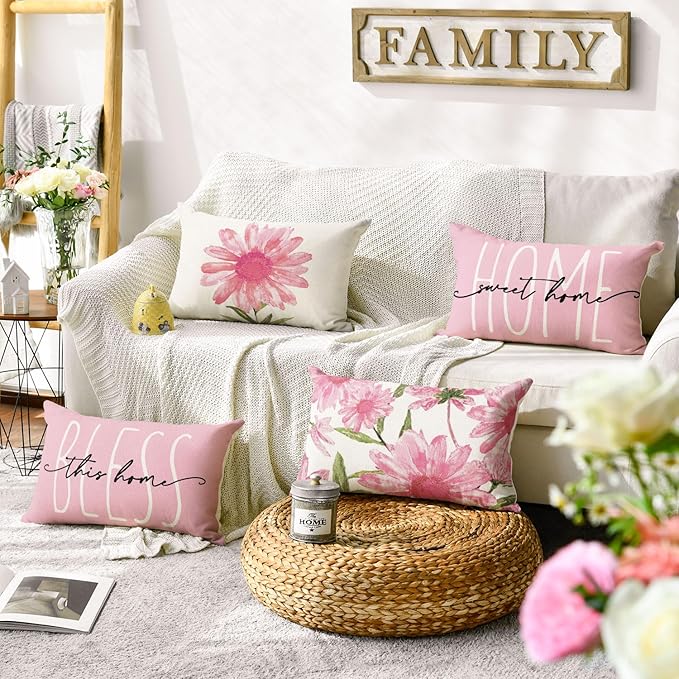 AVOIN colorlife Home Sweet Home Spring Summer Flowers Pink Throw Pillow Covers - Image 2