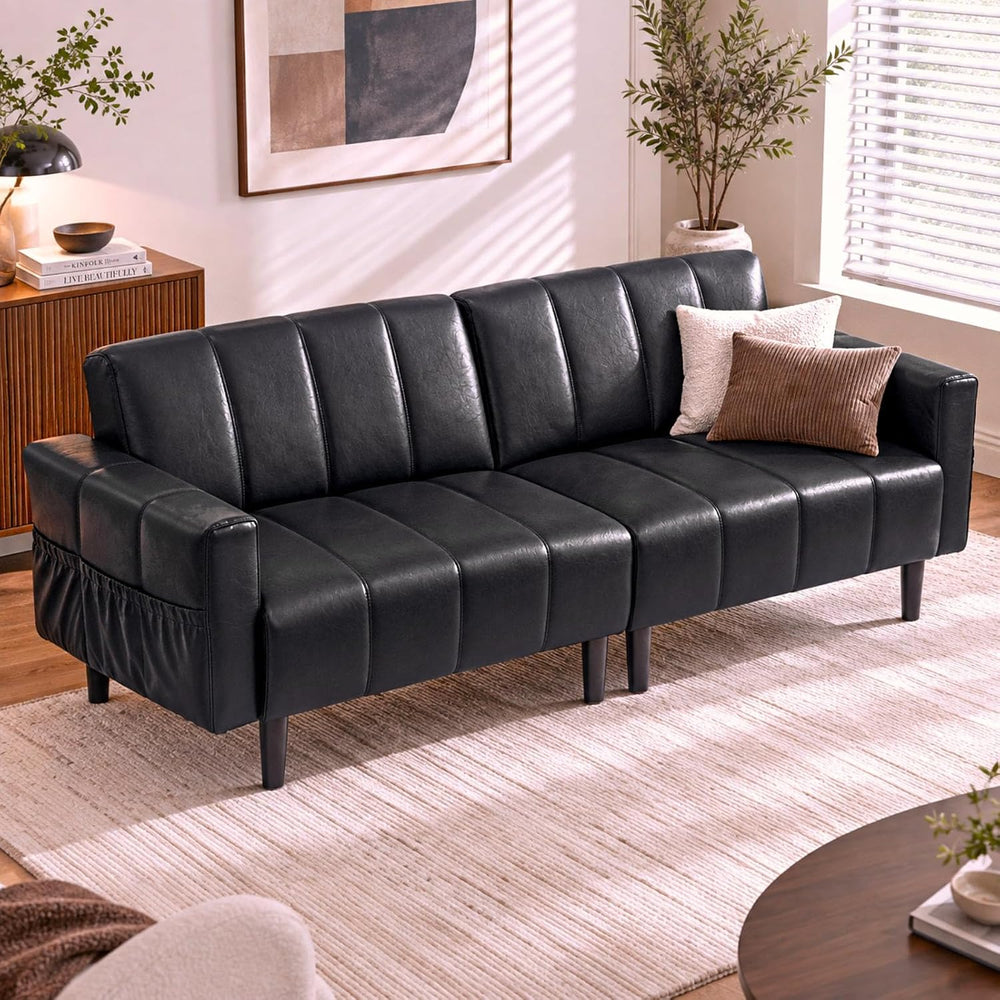 77" Mid Century Modern Faux Leather Couch, Black Leather Sofa Bed