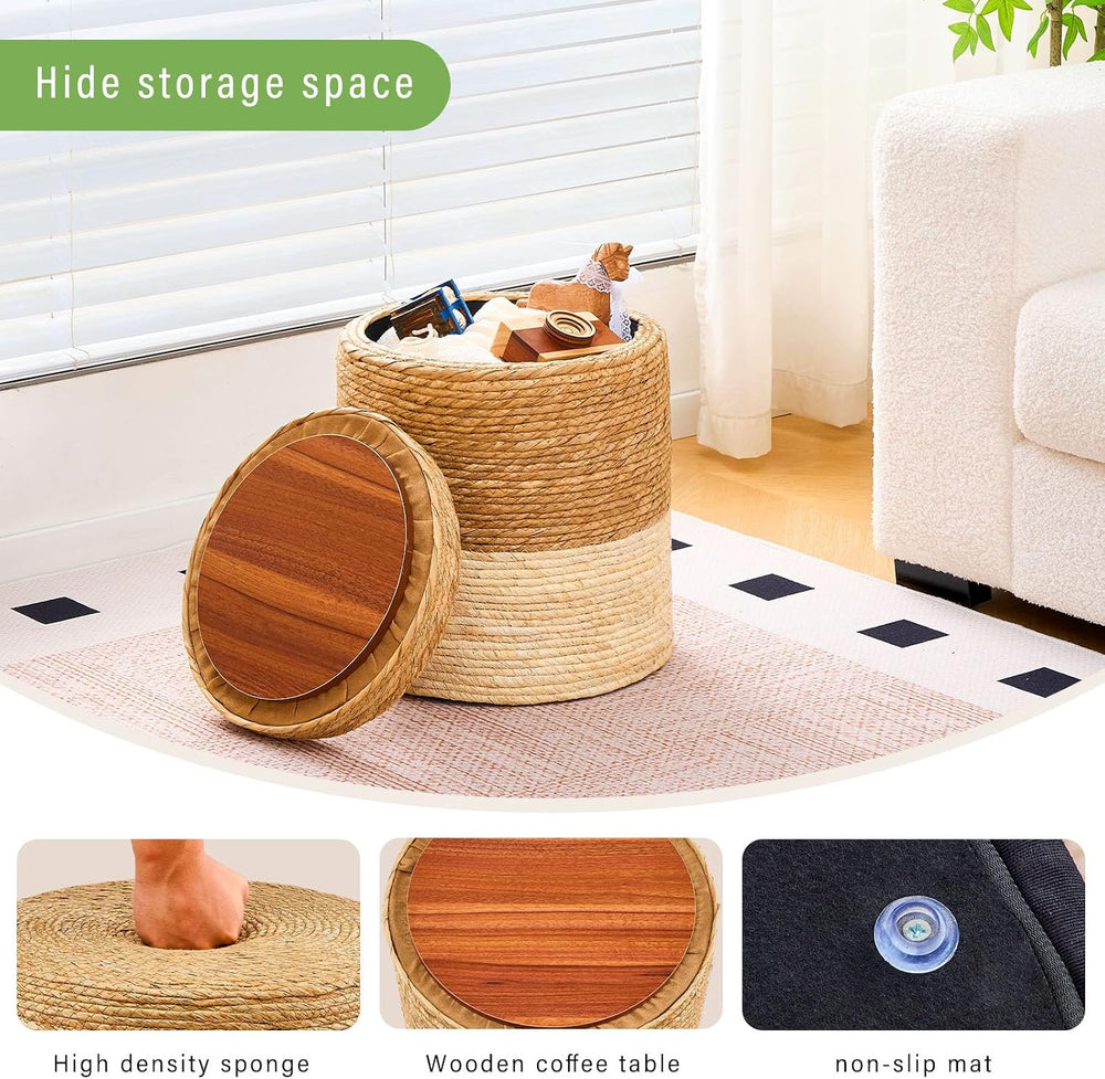 Round Storage Pouf Ottoman Hand Weaving Natural Boho Straw Footstool Pouffe