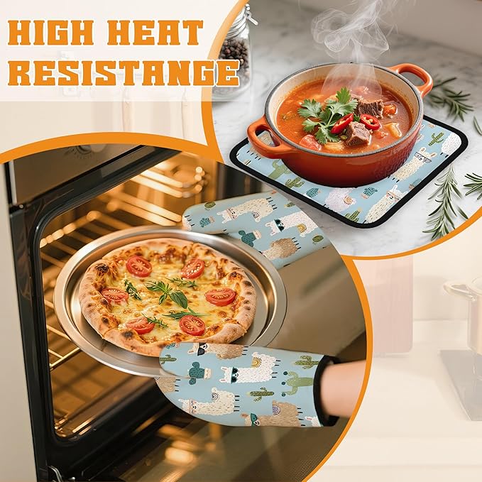 Cute Alpacas Oven Mitts and Pot Holders Set, Cactus Kitchen Decor Heat - Image 6