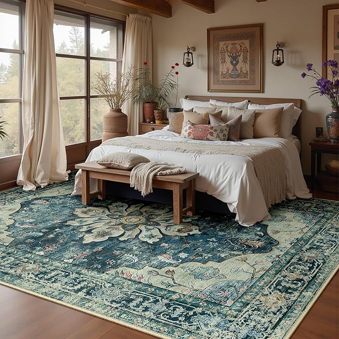 Area Rugs 10'x14' Washable Non-Slip, Floral Vintage Distress Print Pattern - Image 3