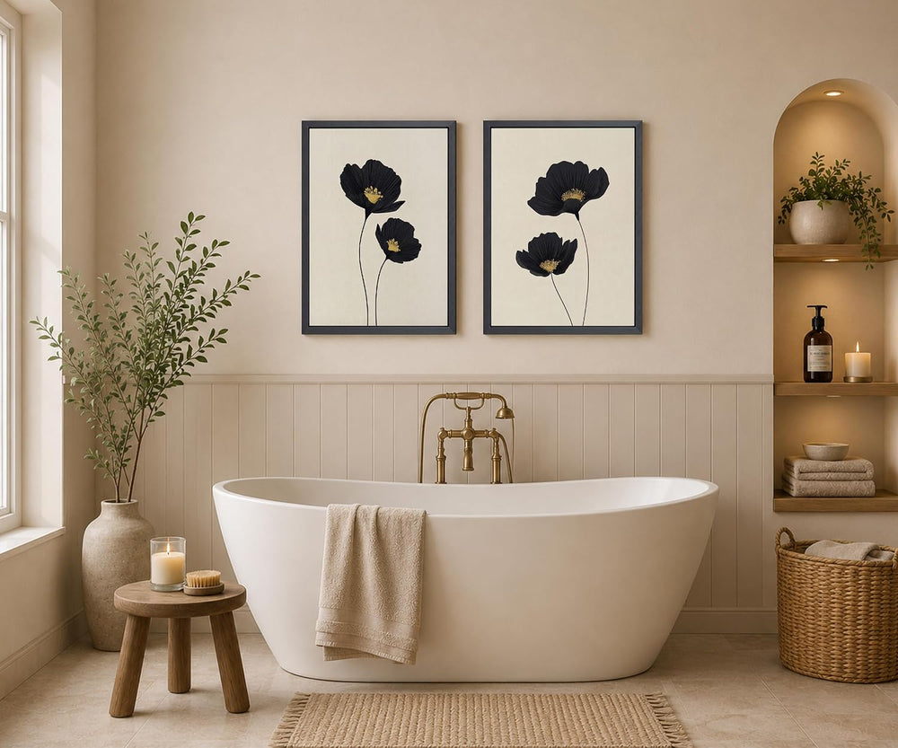 Minimalist Black Gold Flower Bathroom Wall Art Poppy Botanical Art Print