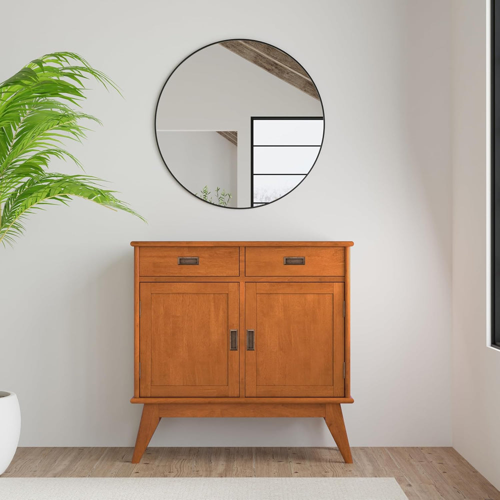 SIMPLIHOME Draper 36" Wide Solid Wood Cabinet in Teak Brown