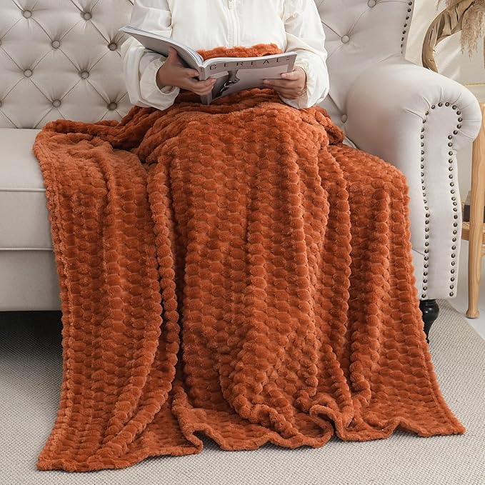 Puncuntex Burnt Orange Throw Blanket 60"×80" inches Fuzzy 3D Jacquard - Image 3