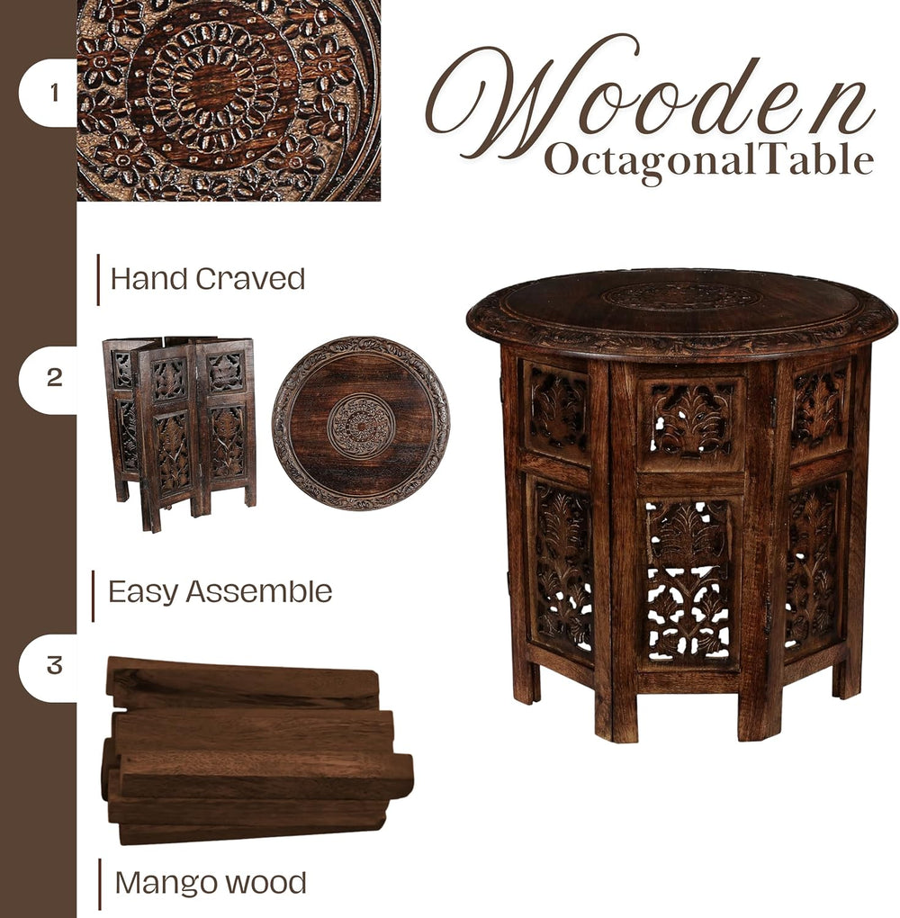 Round Wood Coffee Table - 18” Carved Small Accent Side Table with Burnt Finis...