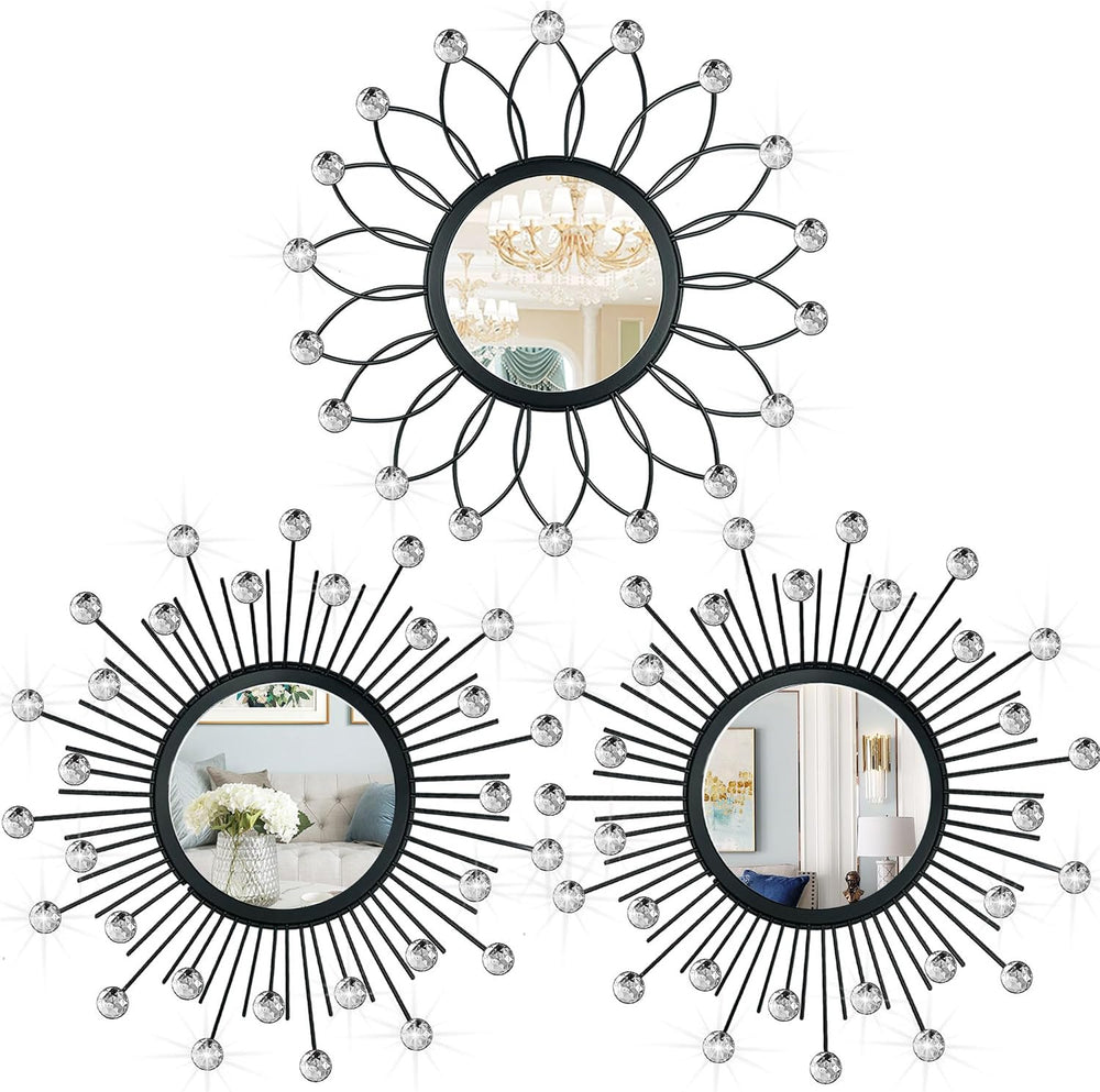 3 Pack Metal Mirror for Wall Sunburst Wall Mirror Black Crystal Home Accent
