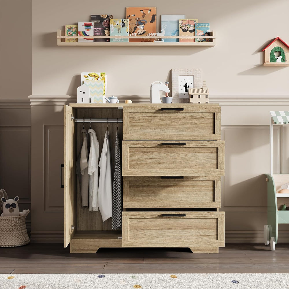 GarveeHome Wood Armoire Wardrobe Closet with 4 Drawers and Door, 43.3 in H Be...