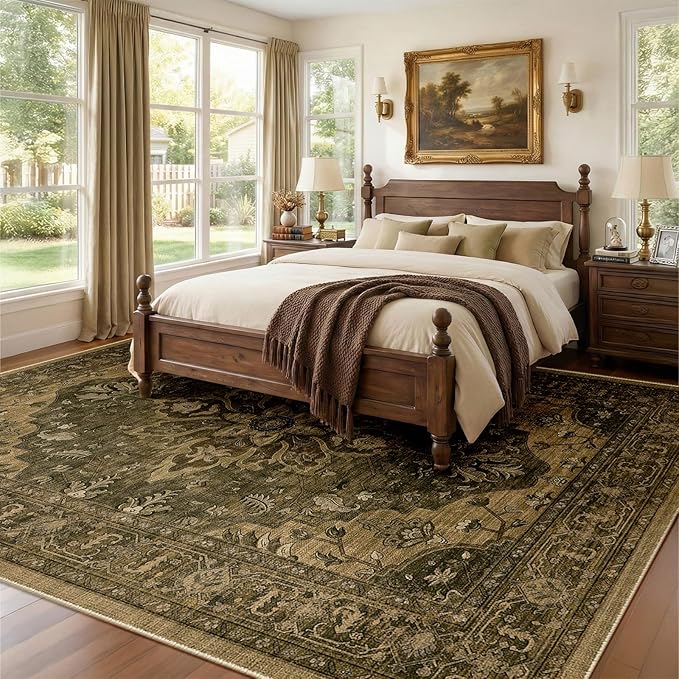 Area Rugs 8'x10' Washable Non-Slip, Floral Vintage Distress Print Pattern - Image 2