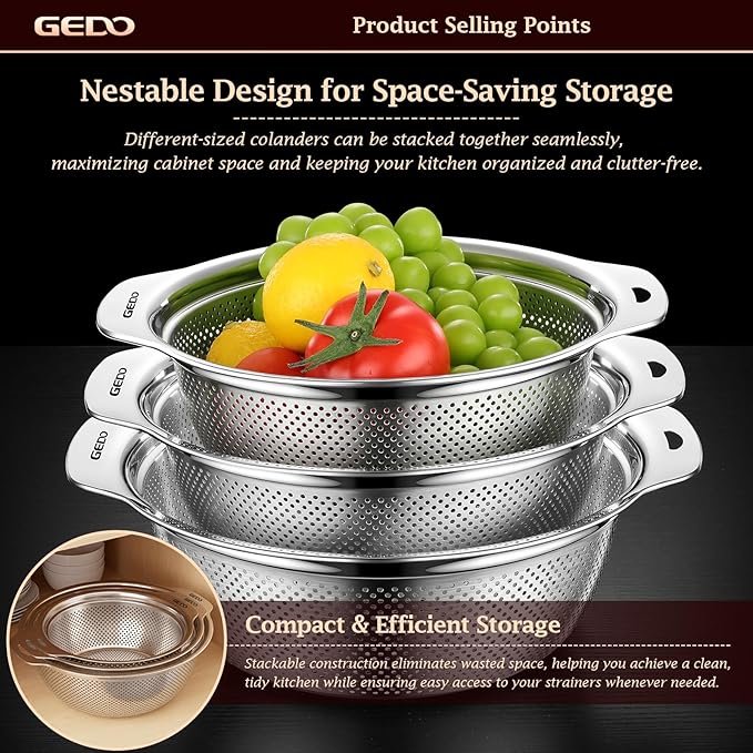 GEDO 304 Stainless Steel Colander Set, 3 Pack Kitchen Food Strainer - Image 7