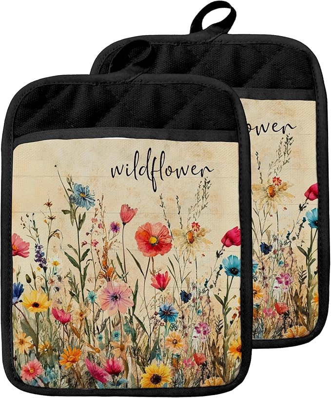 Wildflower Pot Holders with Pockets, Rustic Cottagecore Vintage Floral by Unknown