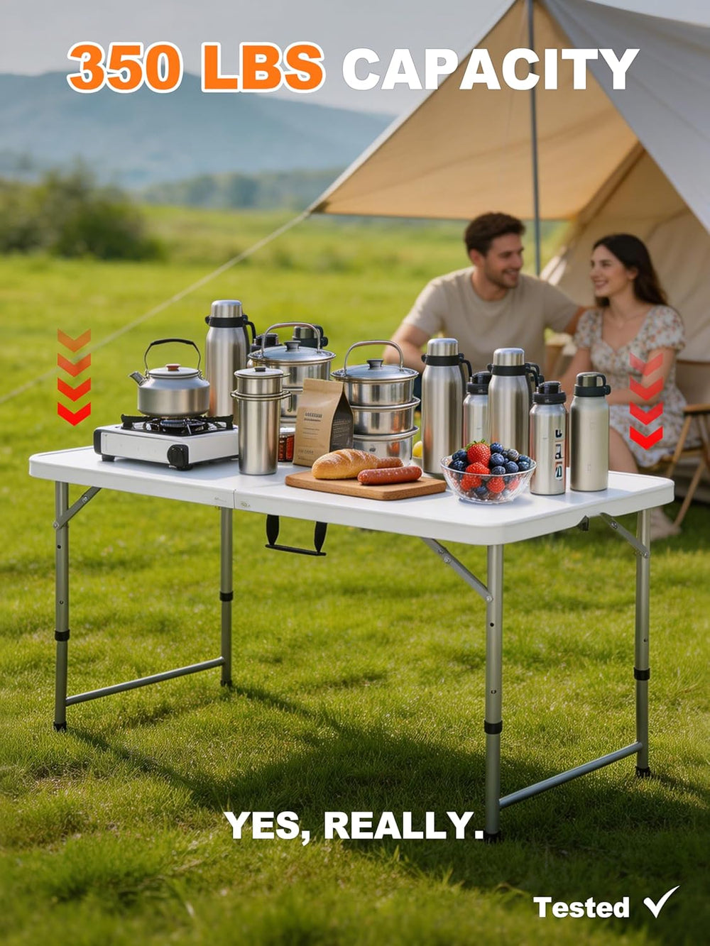 Folding Camping Table 4 Foot Adjustable Height 350lbs, 4FT Folding Picnic Car...