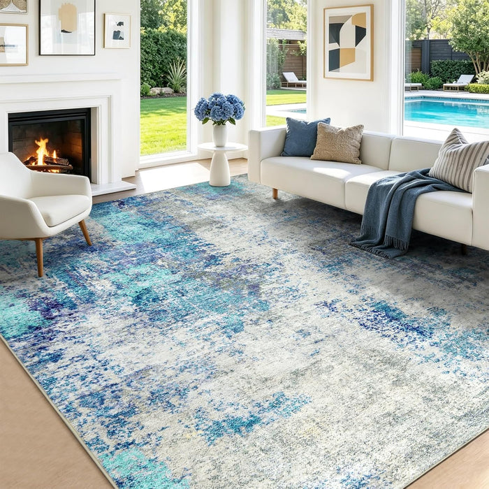 Washable Area Rug Living Room Rugs 10x14 - Neutral Modern Abstract Rugs Soft Carpet with Non Slip Backing for Under Dining Room Table, Bedroom, Home, Office,Light Blue