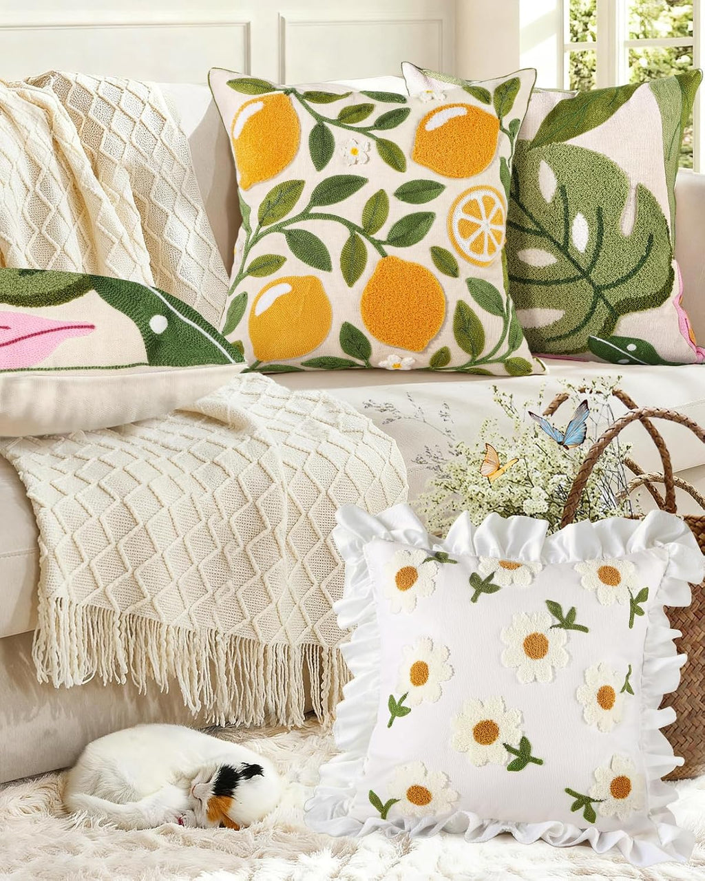 Embroidered Throw Pillow Cover - 18x18 Decorative Pillow Cover with Zipper Aesthetic Cute Design Boho Spring Summer Throw Pillowcase for Living Room Couch Sofa Bed, Monstera Leaves