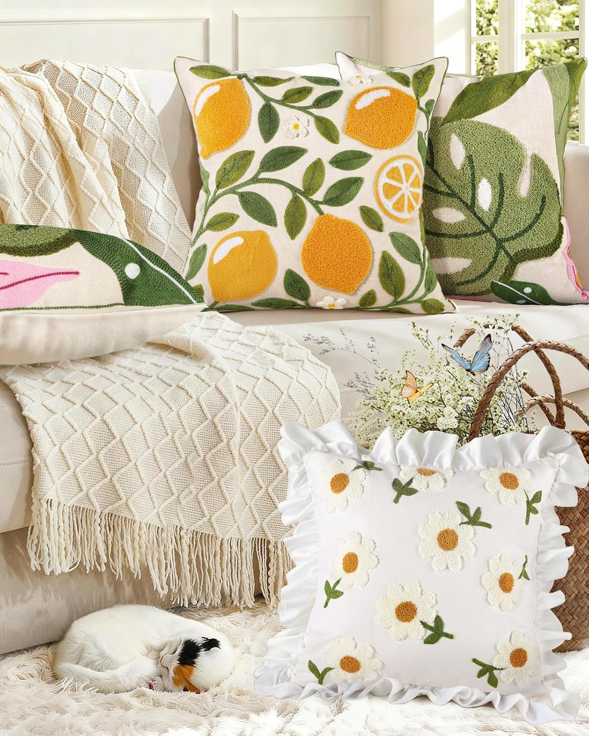 Embroidered Throw Pillow Cover - 18x18 Decorative Pillow Cover with Zipper Aesthetic Cute Design Boho Spring Summer Throw Pillowcase for Living Room Couch Sofa Bed, Monstera Leaves