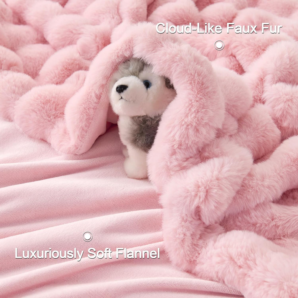 Comelady Faux Rabbit Fur Throw Blanket for Couch, Soft Plush Bubble Blanket